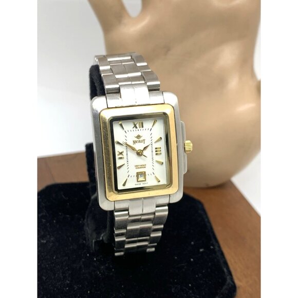 Nicolet Women's Watch Swiss Quartz White Dial Date 18kt Yellow Gold Bezel Tank - Picture 12 of 13